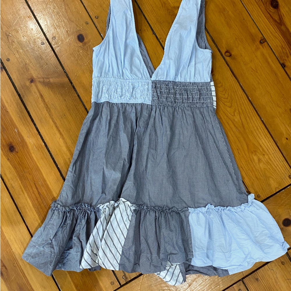 Striped Blue & White Sleeveless V-Neck Dress - Picture 2 of 5